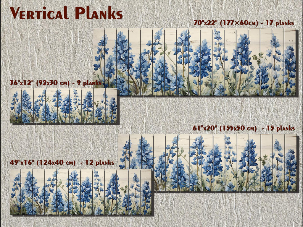 Long Horizontal Bluebonnets On Real Wood Wall Art