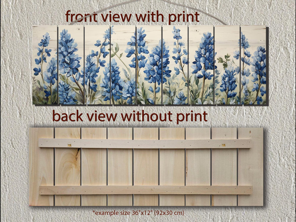 Long Horizontal Bluebonnets On Real Wood Wall Art