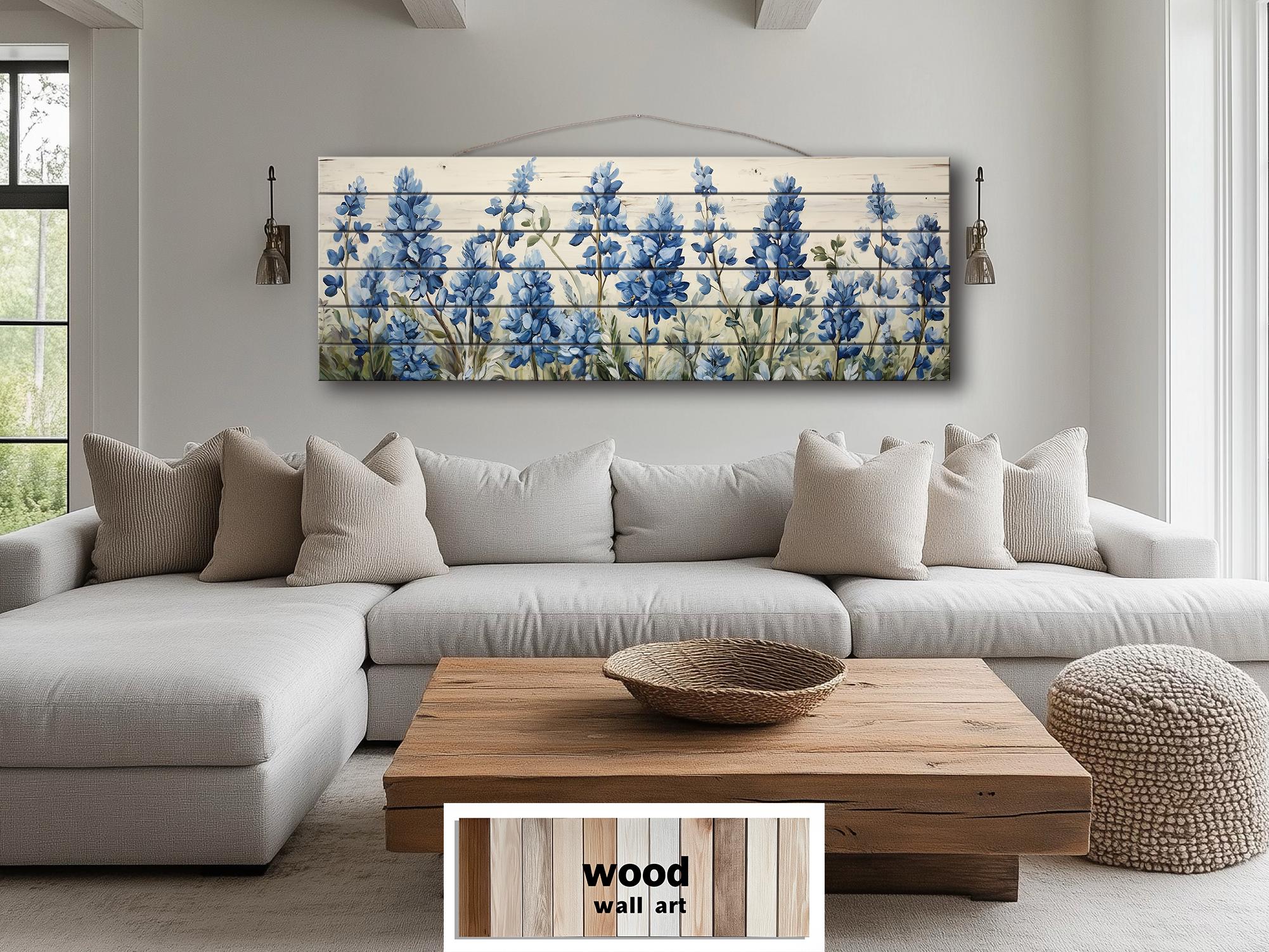 Long Horizontal Bluebonnets On Real Wood Wall Art