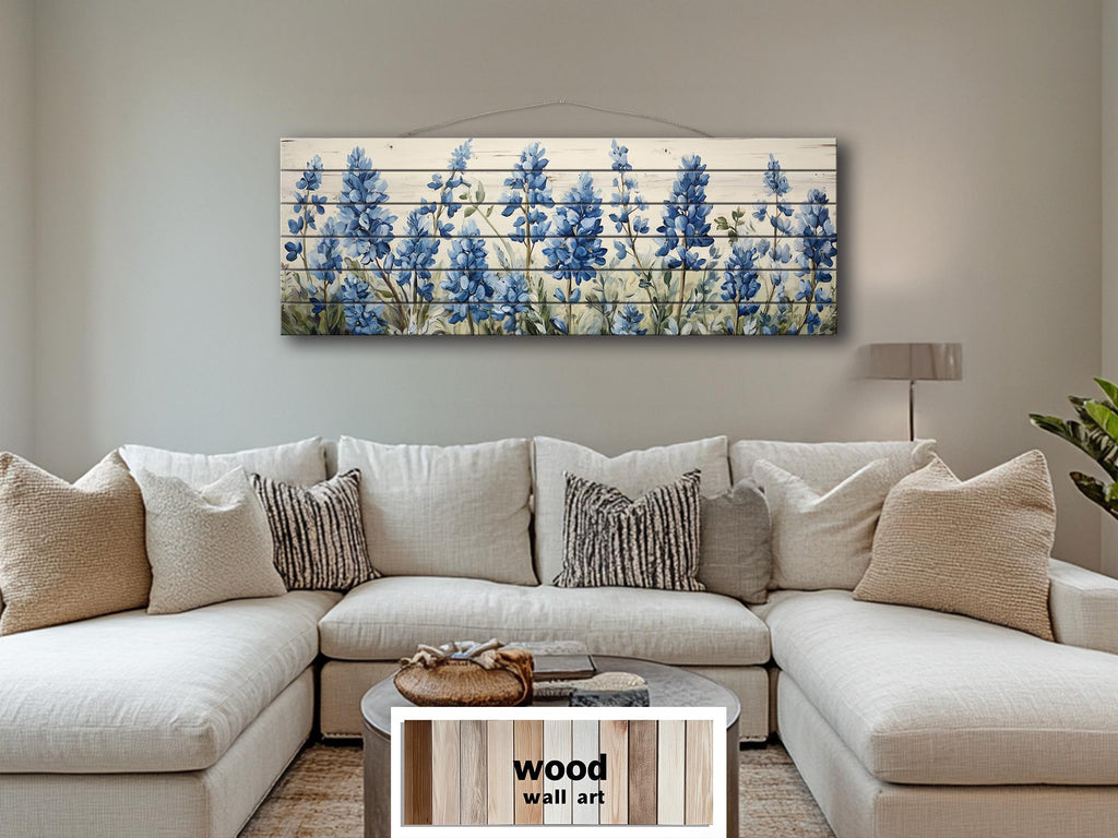Long Horizontal Bluebonnets On Real Wood Wall Art