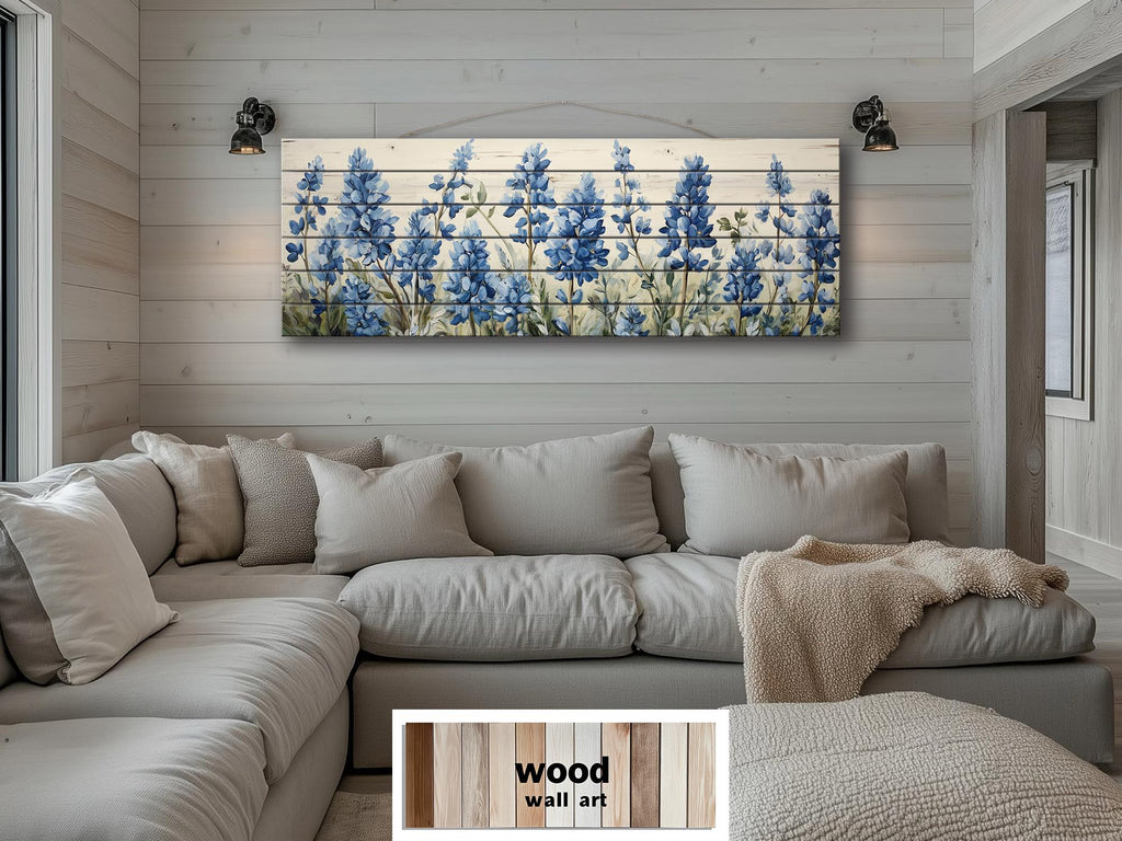 Long Horizontal Bluebonnets On Real Wood Wall Art