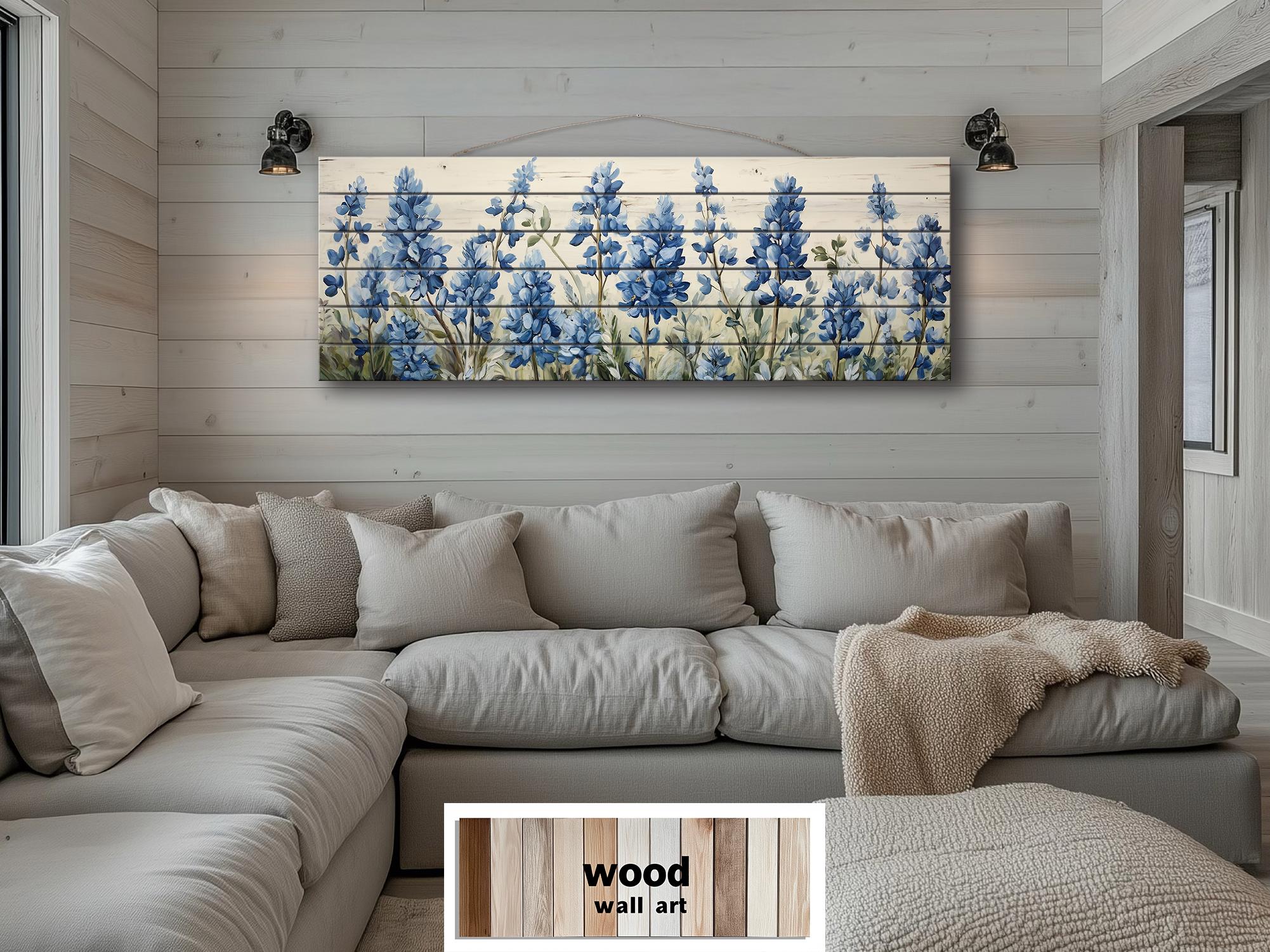 Long Horizontal Bluebonnets On Real Wood Wall Art