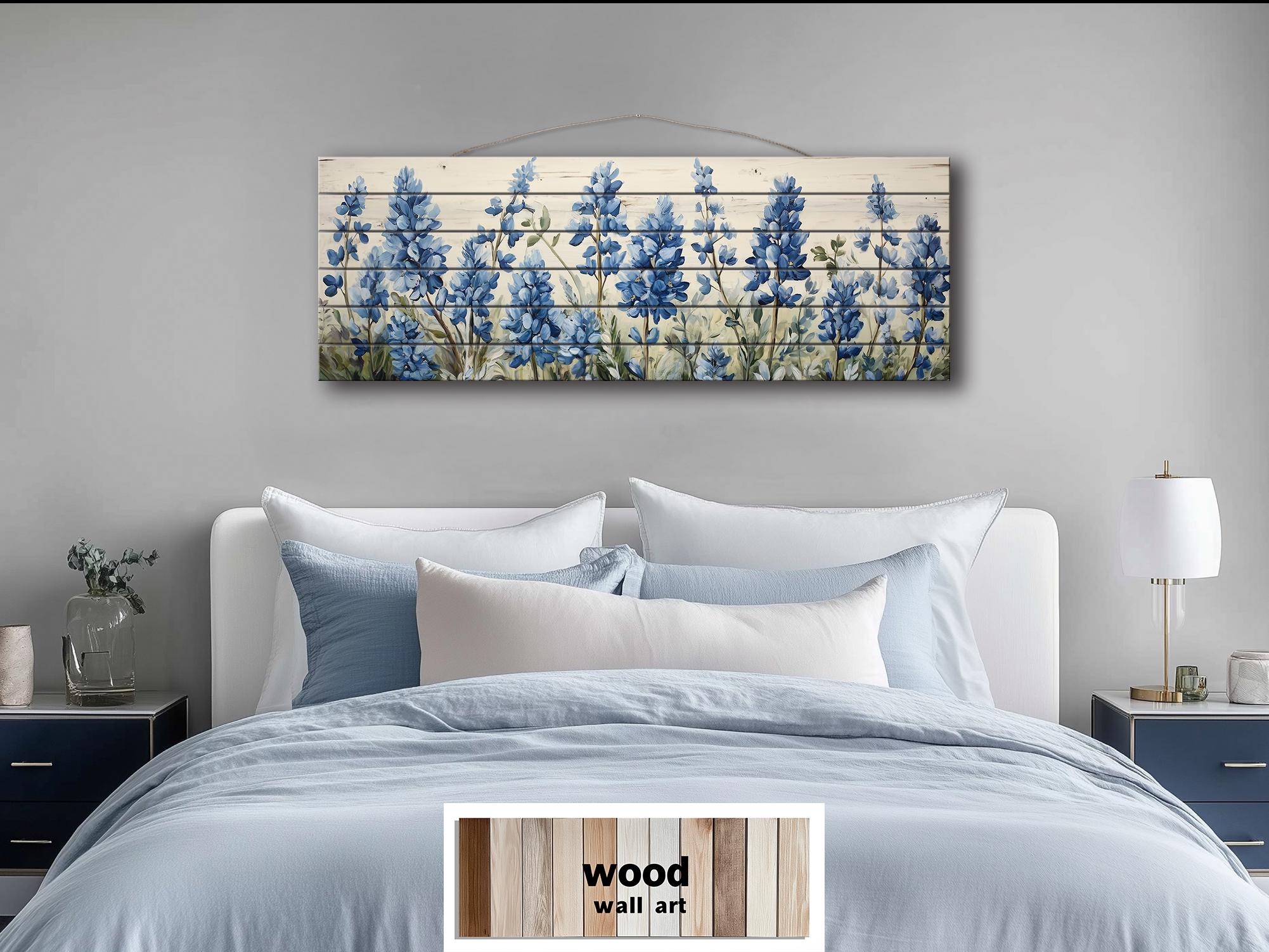 Long Horizontal Bluebonnets On Real Wood Wall Art