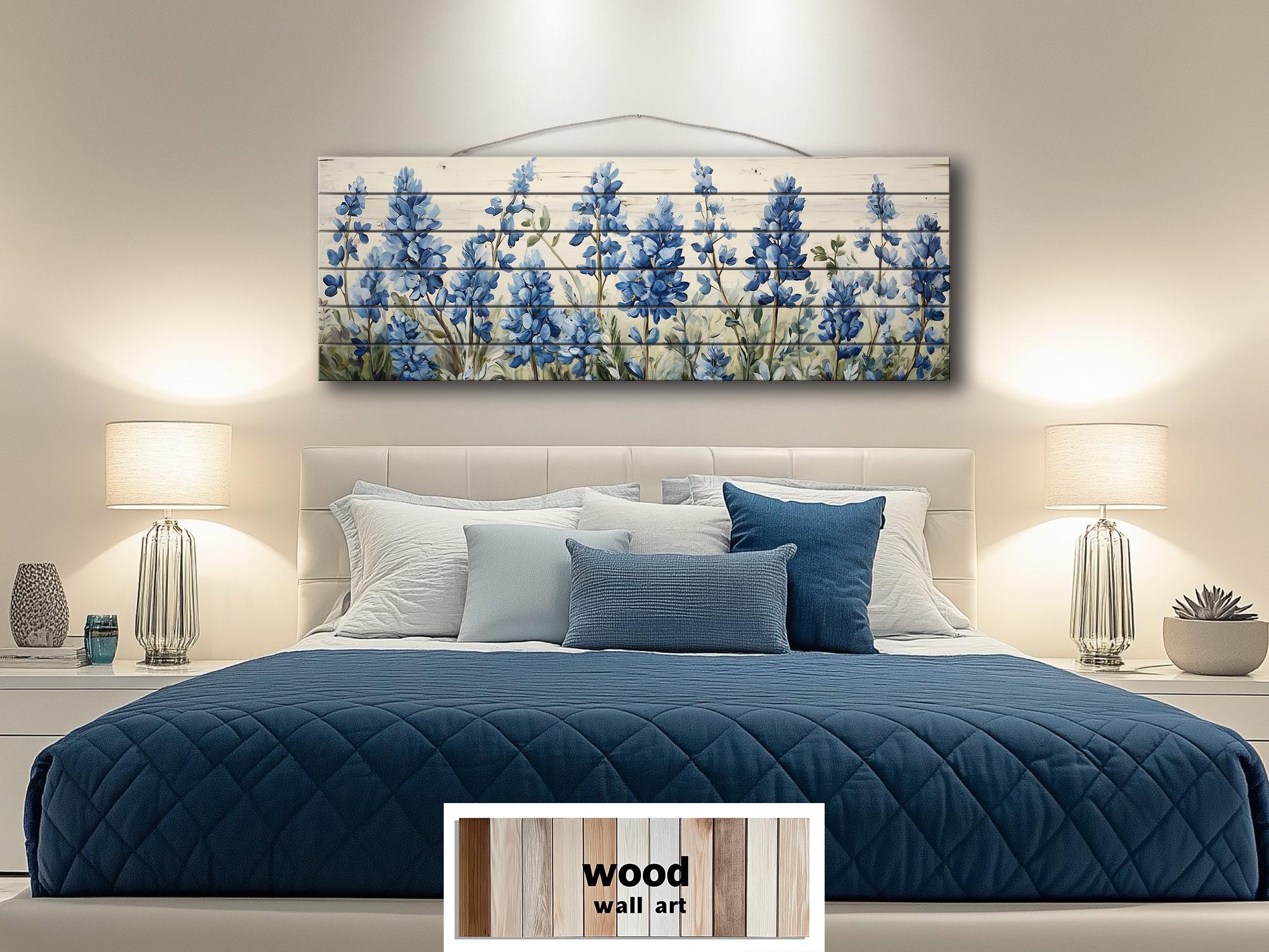 Long Horizontal Bluebonnets On Real Wood Wall Art
