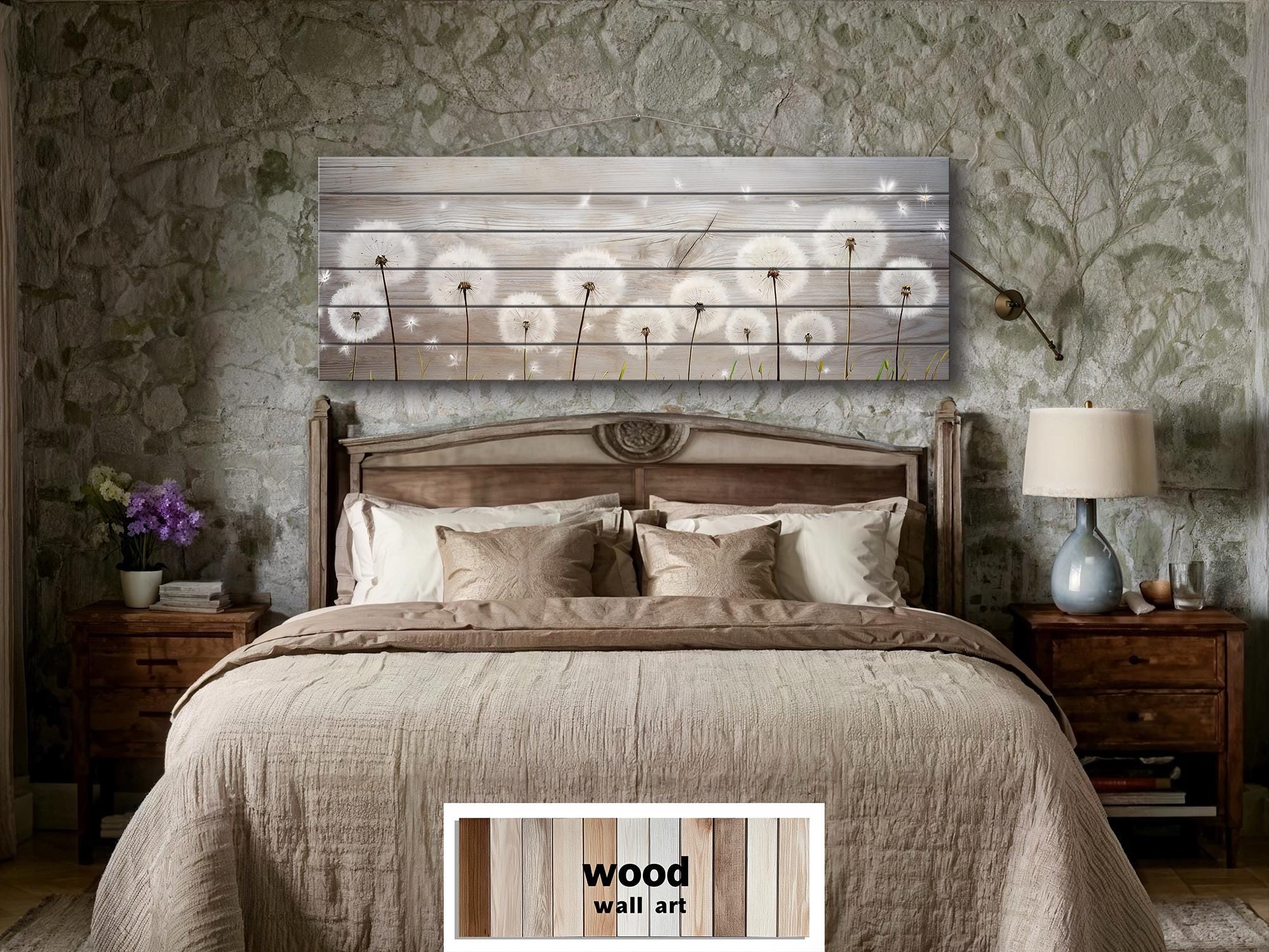 Long Horizontal Dandelions Wood Wall Art For Over Bed Decor