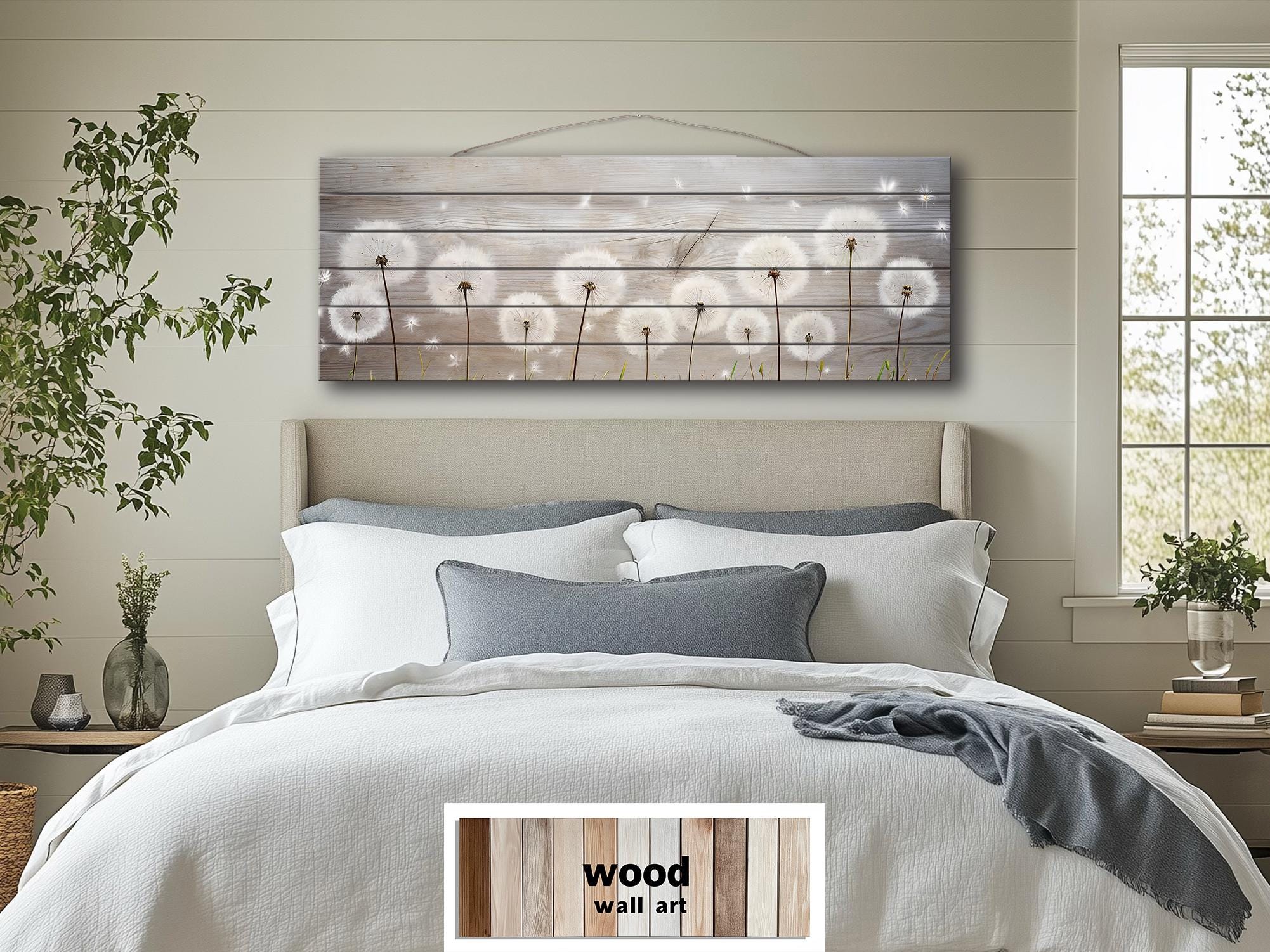 Long Horizontal Dandelions Wood Wall Art For Over Bed Decor