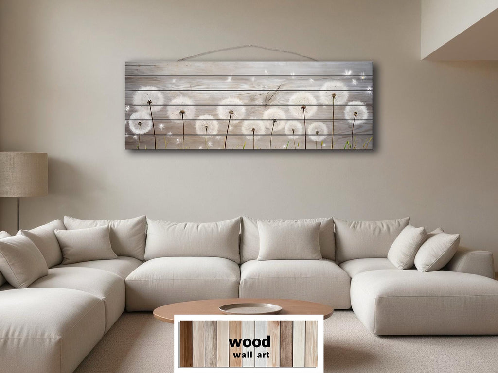 Long Horizontal Dandelions Wood Wall Art For Over Bed Decor