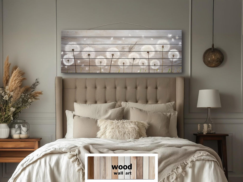 Long Horizontal Dandelions Wood Wall Art For Over Bed Decor