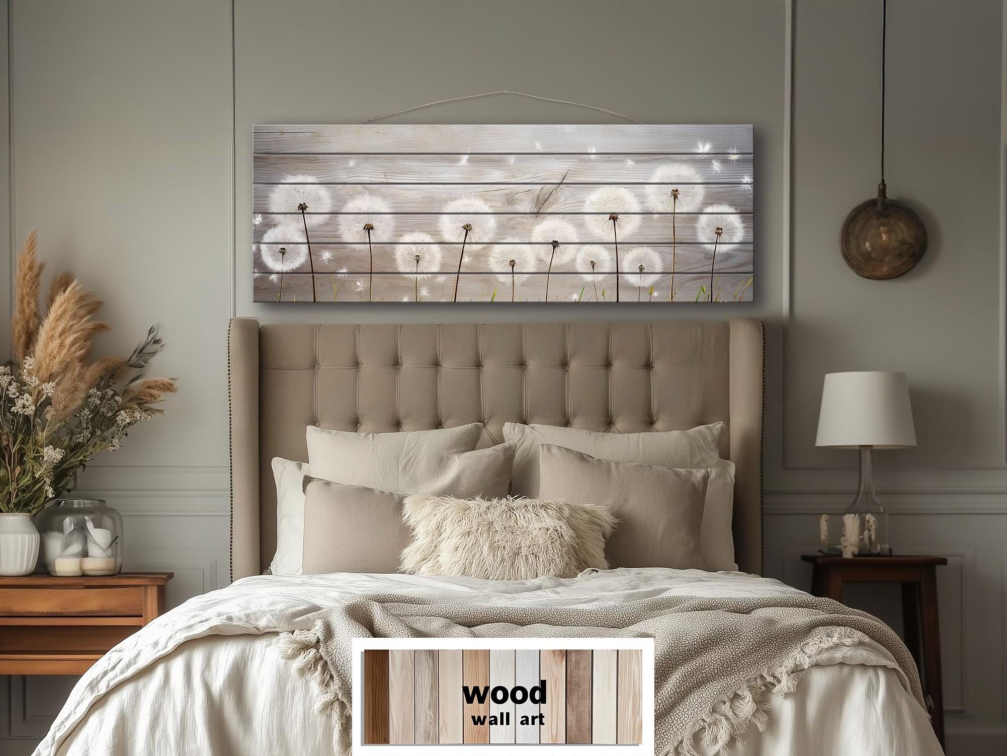 Long Horizontal Dandelions Wood Wall Art For Over Bed Decor