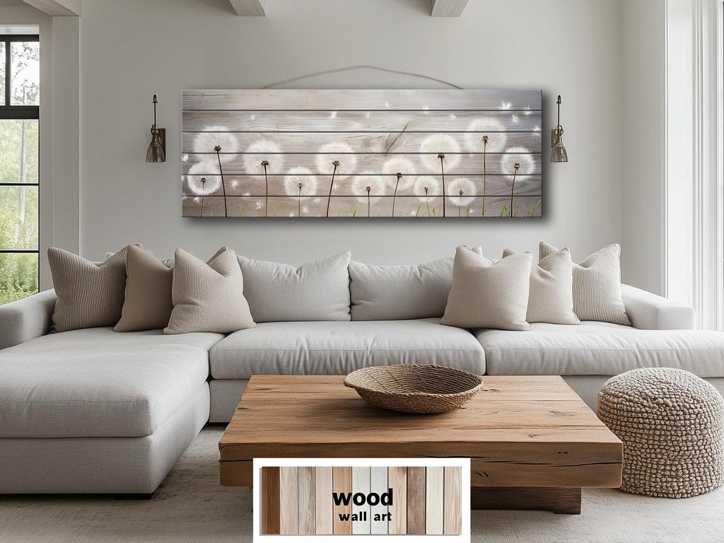 Long Horizontal Dandelions Wood Wall Art For Over Bed Decor