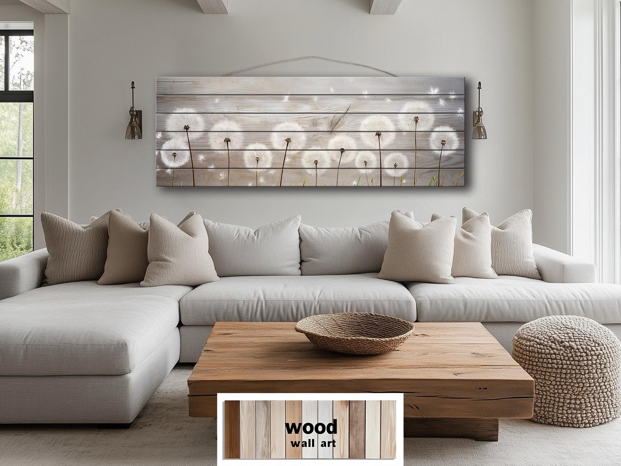 Long Horizontal Dandelions Wood Wall Art For Over Bed Decor