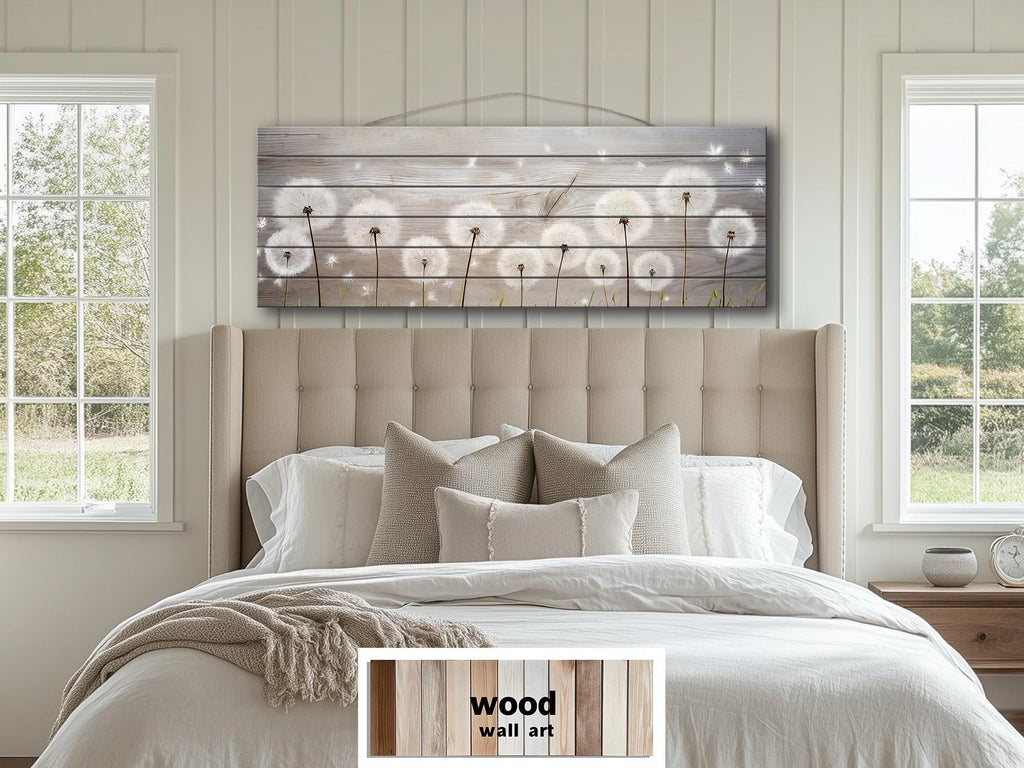 Long Horizontal Dandelions Wood Wall Art For Over Bed Decor