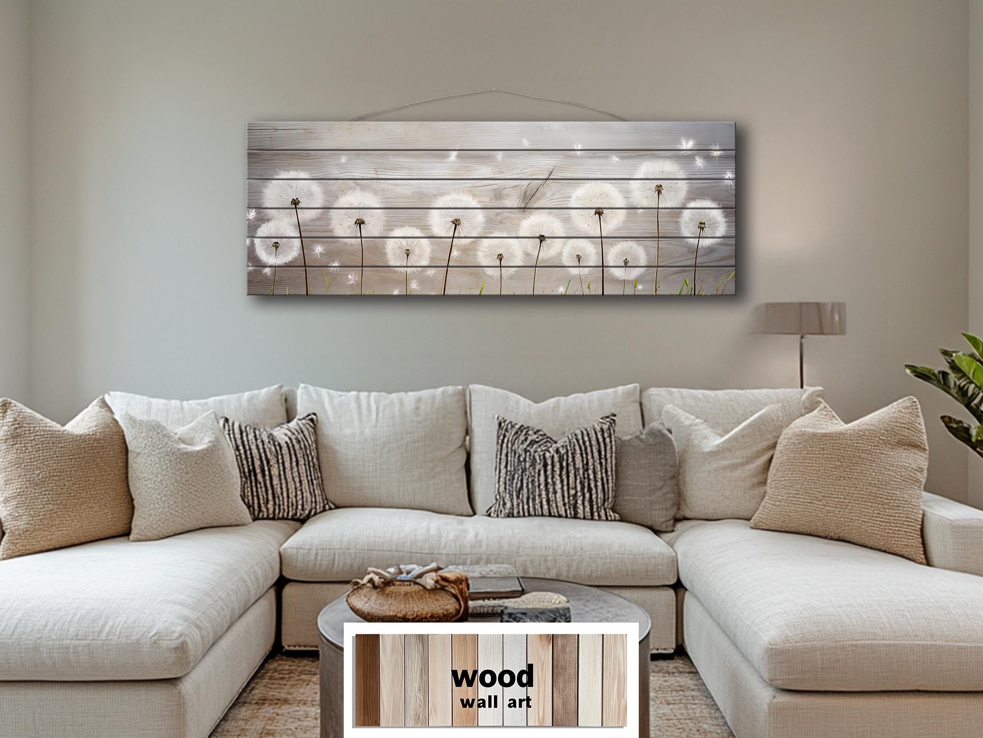 Long Horizontal Dandelions Wood Wall Art For Over Bed Decor