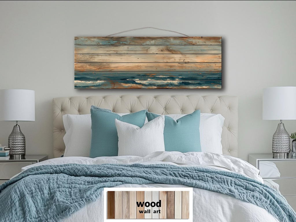 Long Horizontal Minimalist Ocean Distressed Wood Wall Art