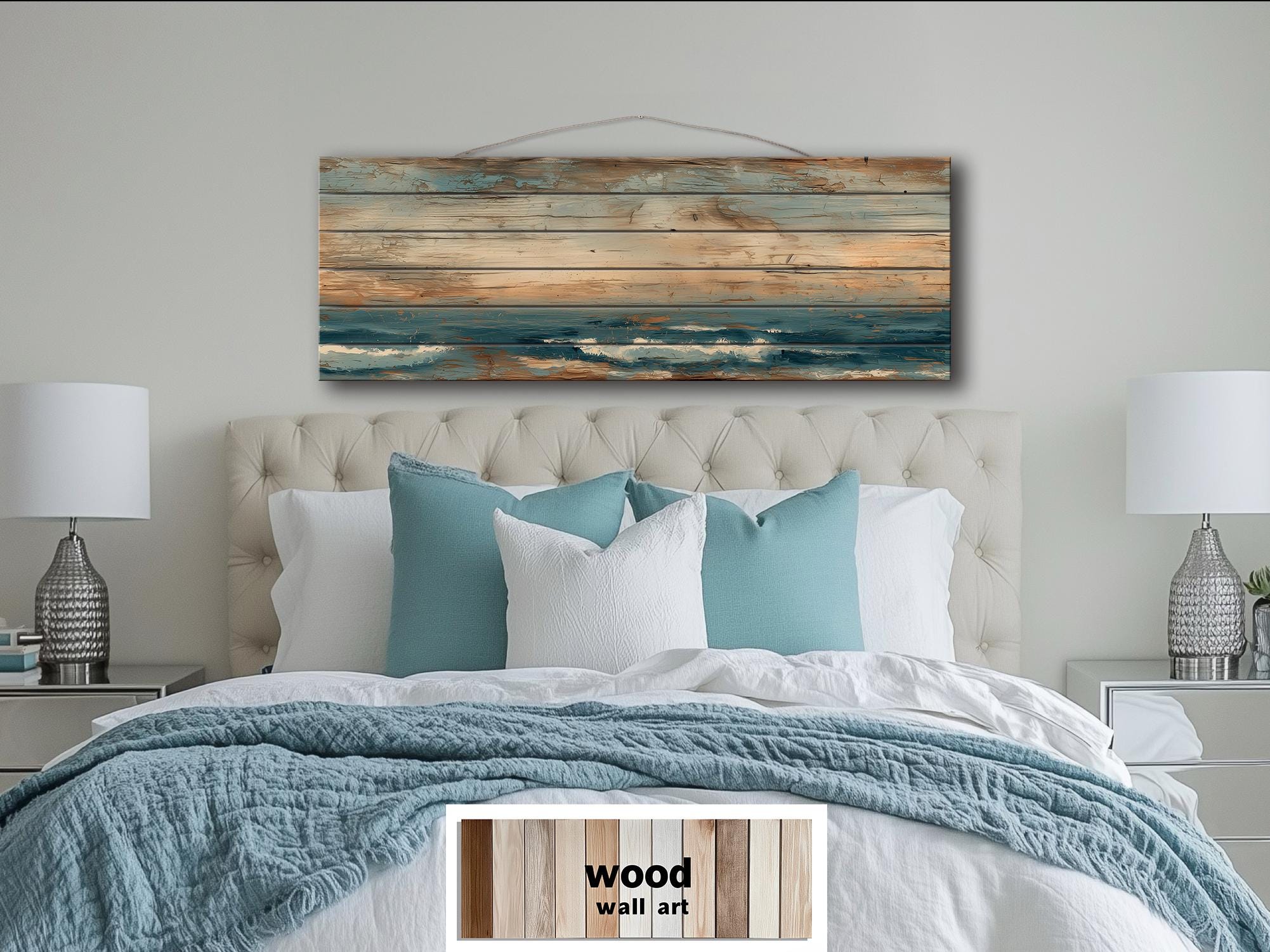 Long Horizontal Minimalist Ocean Distressed Wood Wall Art