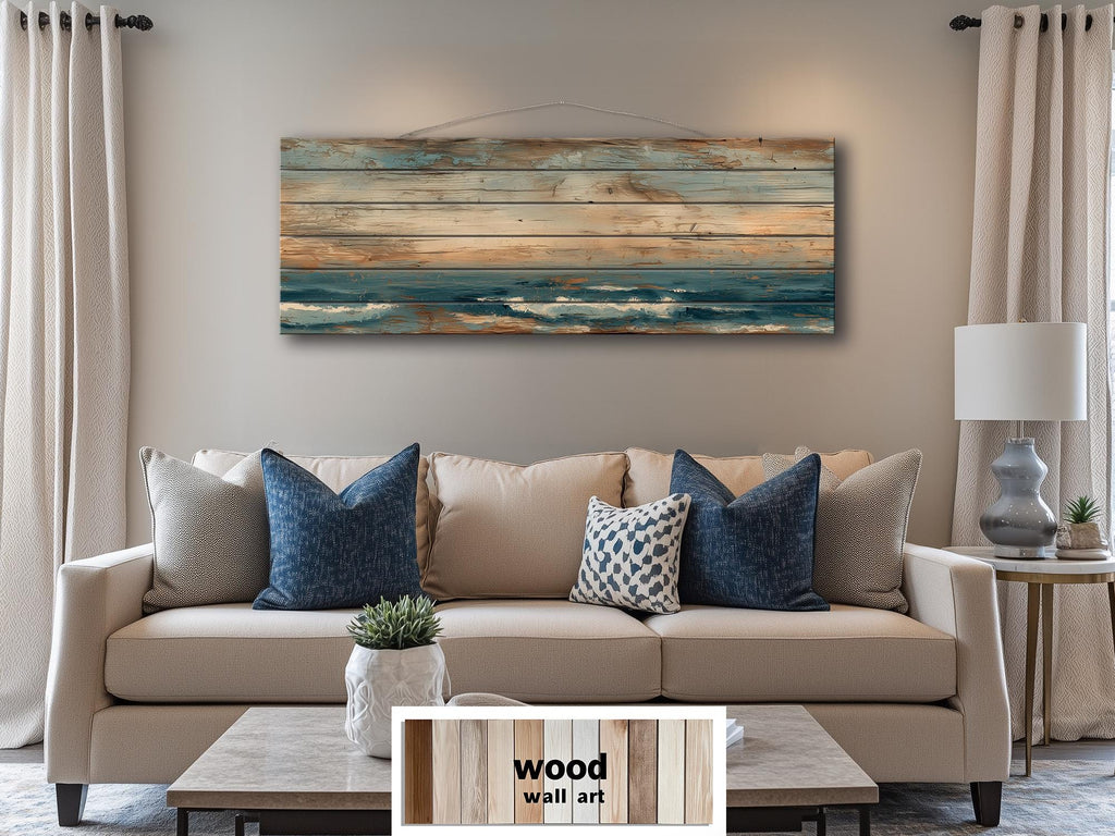 Long Horizontal Minimalist Ocean Distressed Wood Wall Art