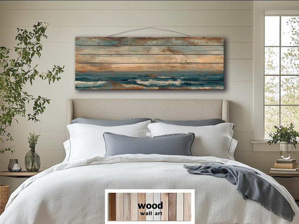 Long Horizontal Minimalist Ocean Distressed Wood Wall Art