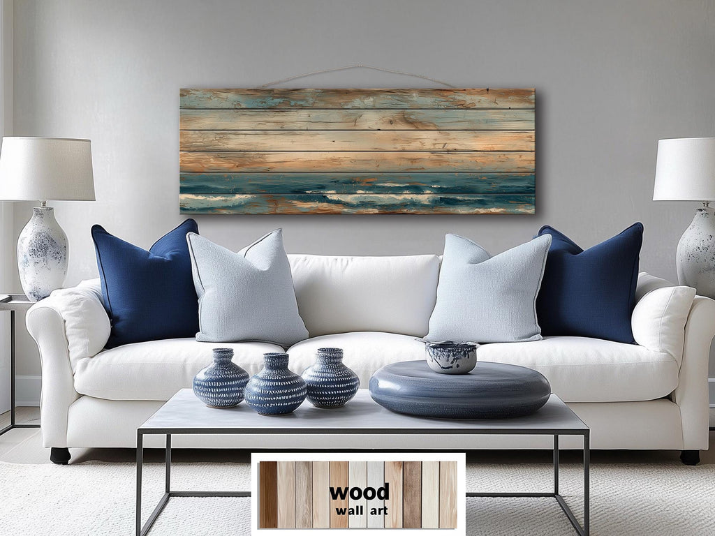 Long Horizontal Minimalist Ocean Distressed Wood Wall Art