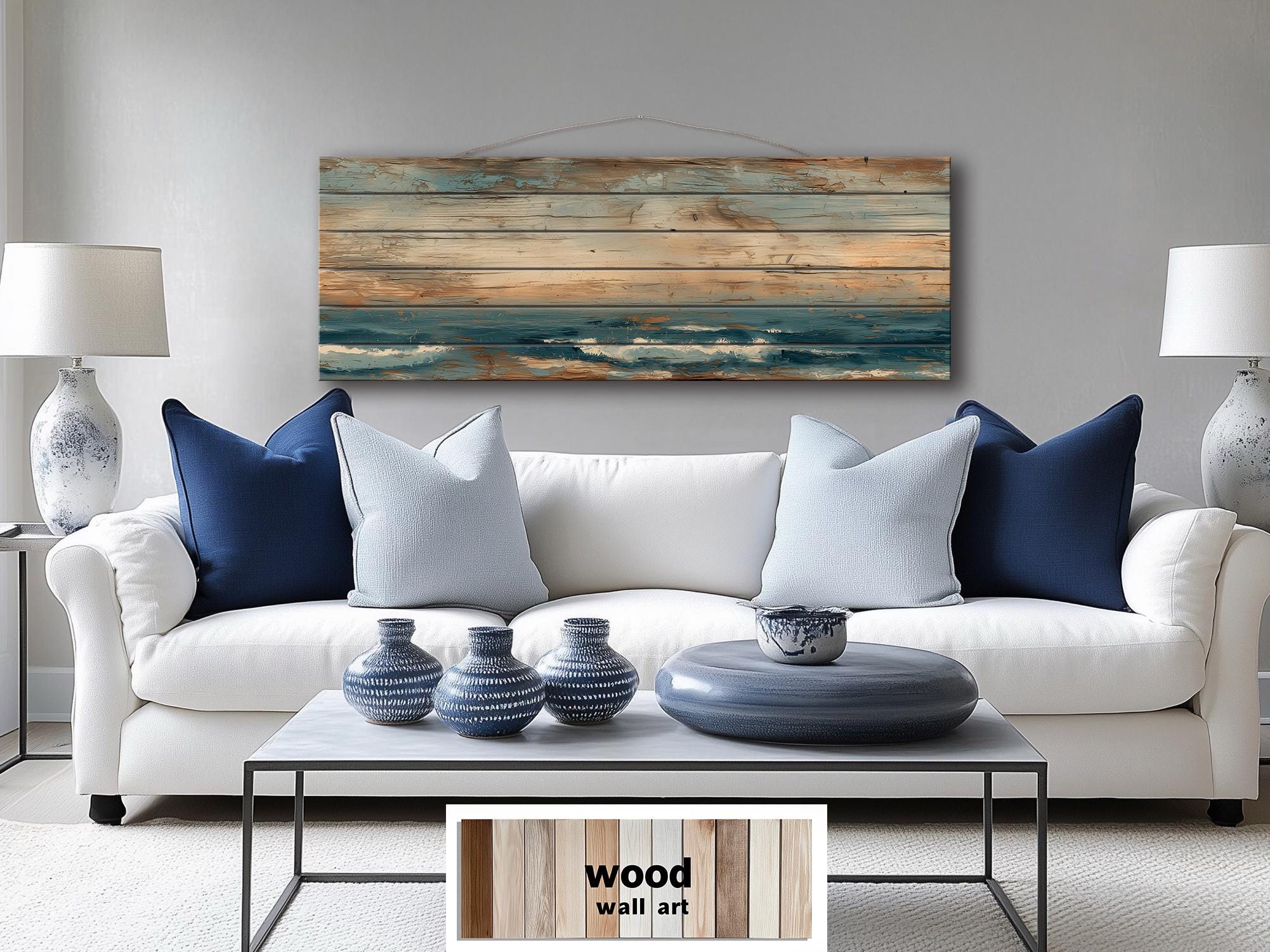 Long Horizontal Minimalist Ocean Distressed Wood Wall Art