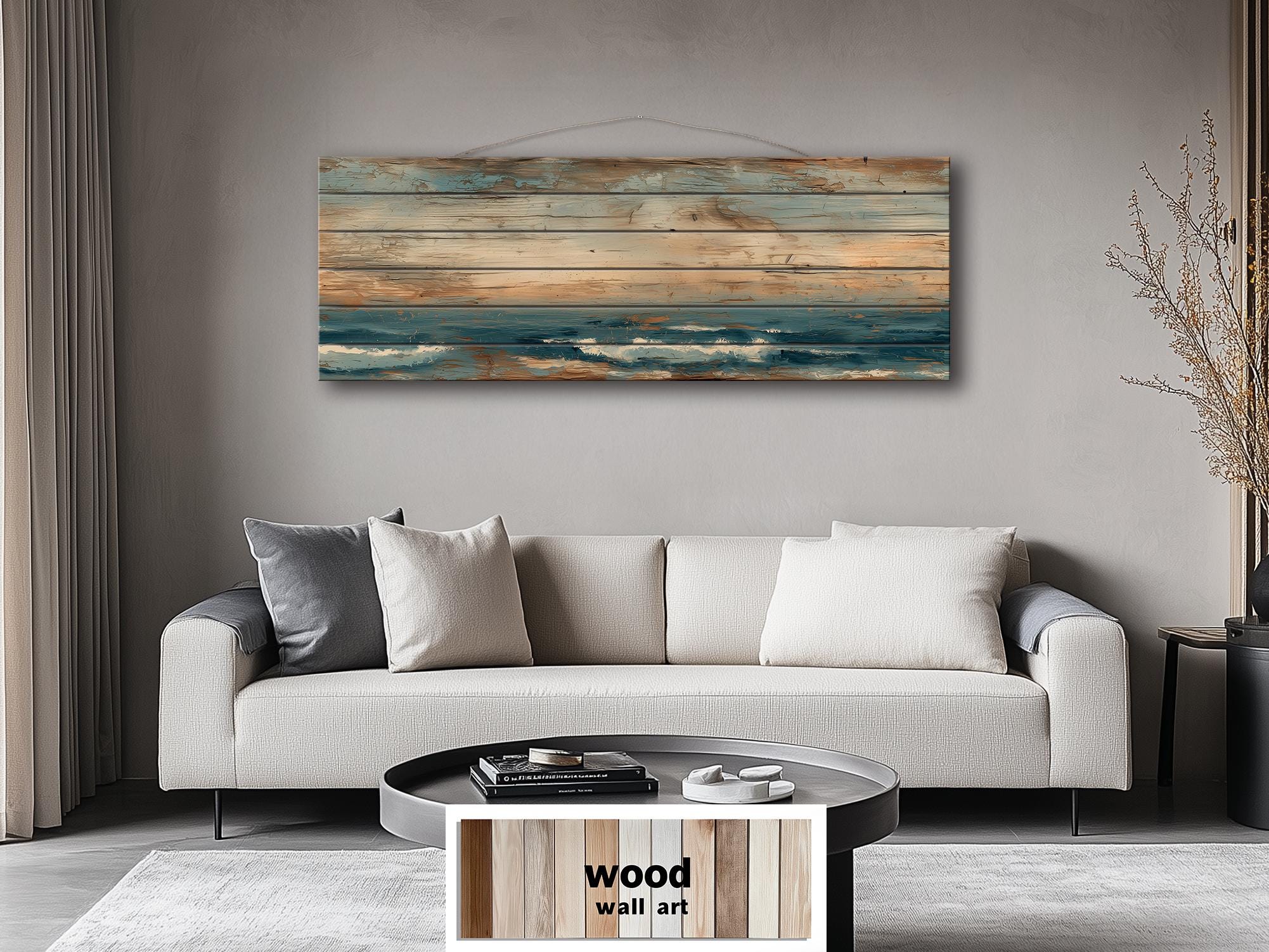Long Horizontal Minimalist Ocean Distressed Wood Wall Art