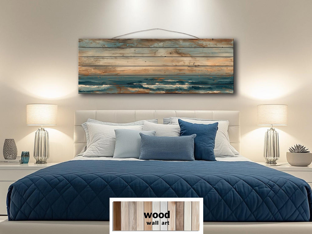 Long Horizontal Minimalist Ocean Distressed Wood Wall Art