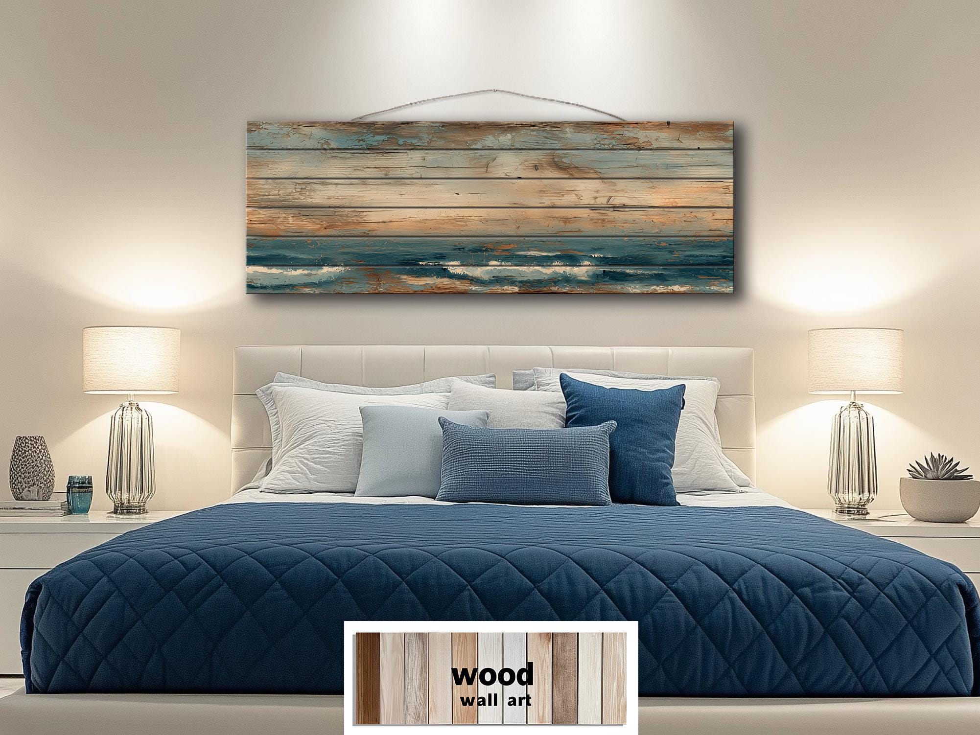 Long Horizontal Minimalist Ocean Distressed Wood Wall Art