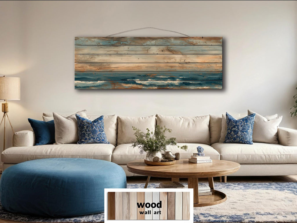 Long Horizontal Minimalist Ocean Distressed Wood Wall Art