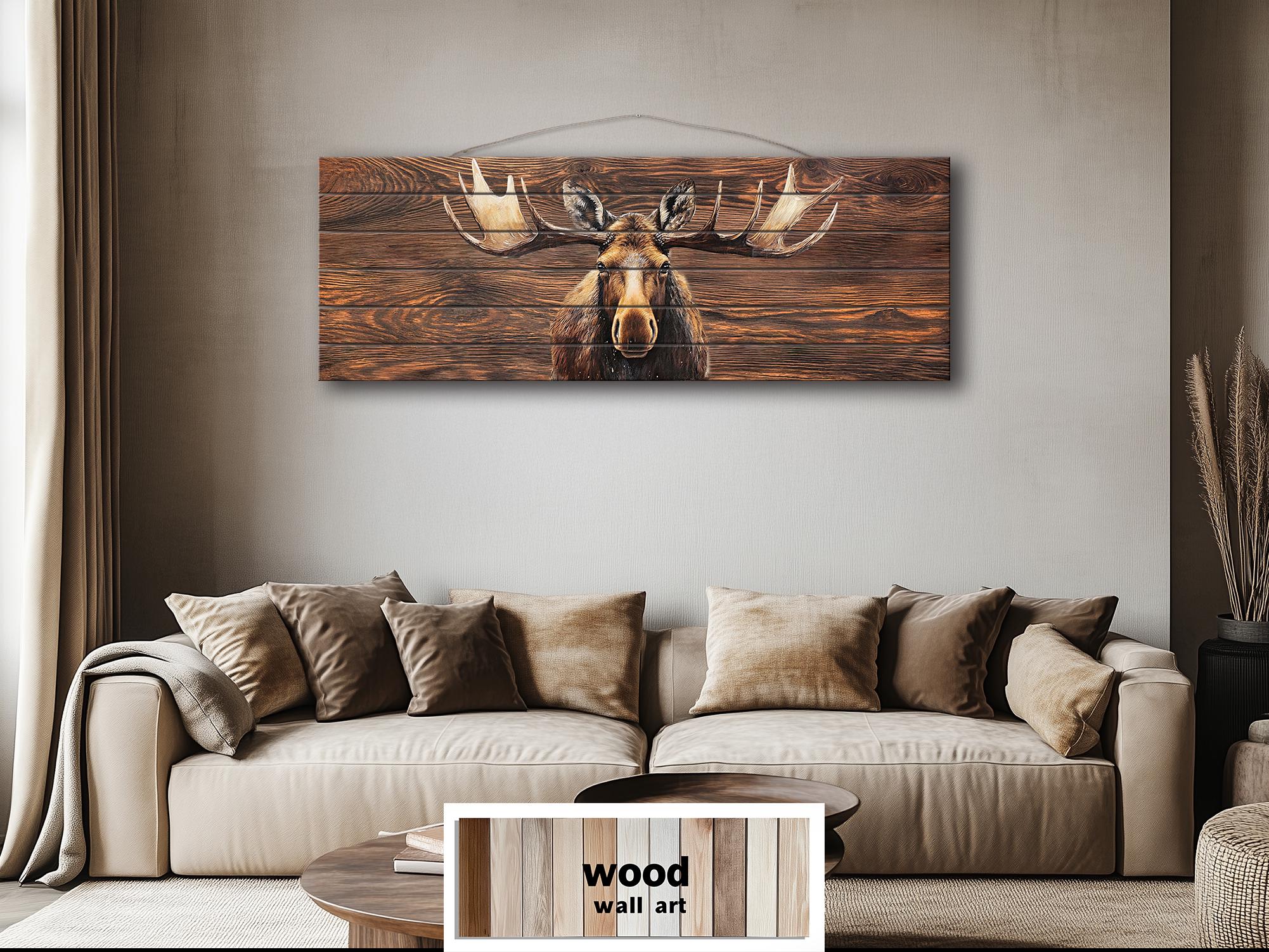 Long Horizontal Moose Real Brown Wood Wall Art