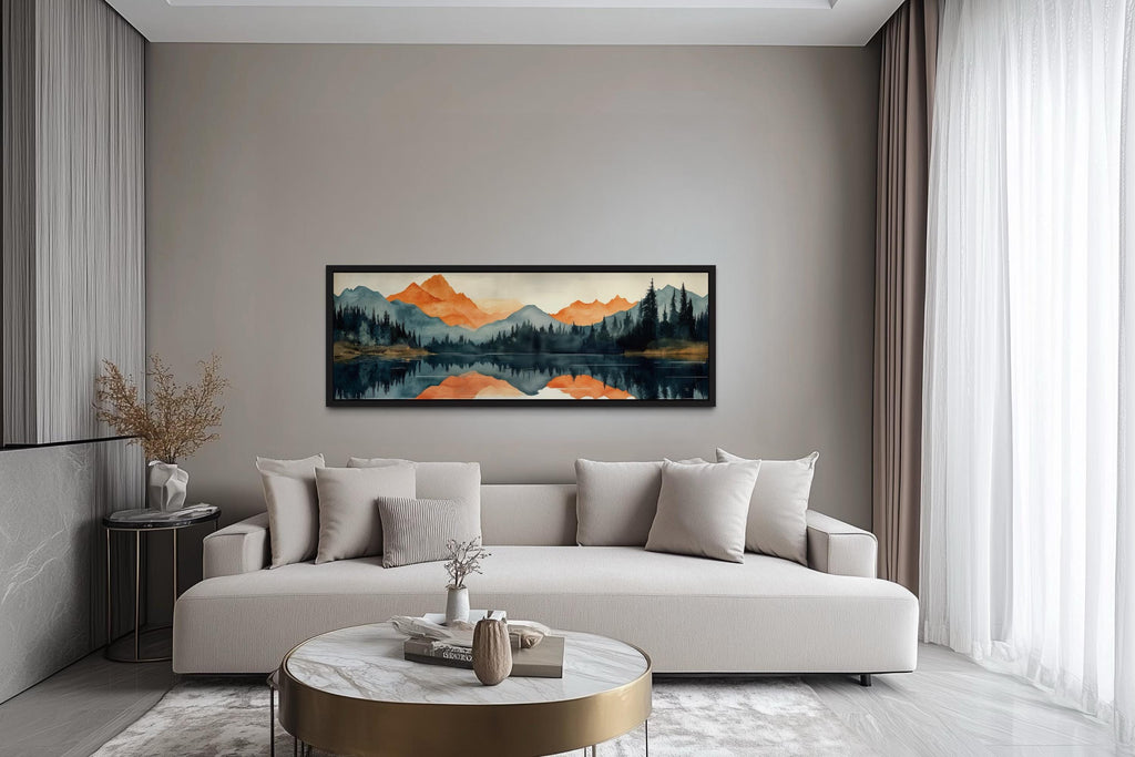 Long Horizontal Mountain Lake Sunset Reflection Wall Art