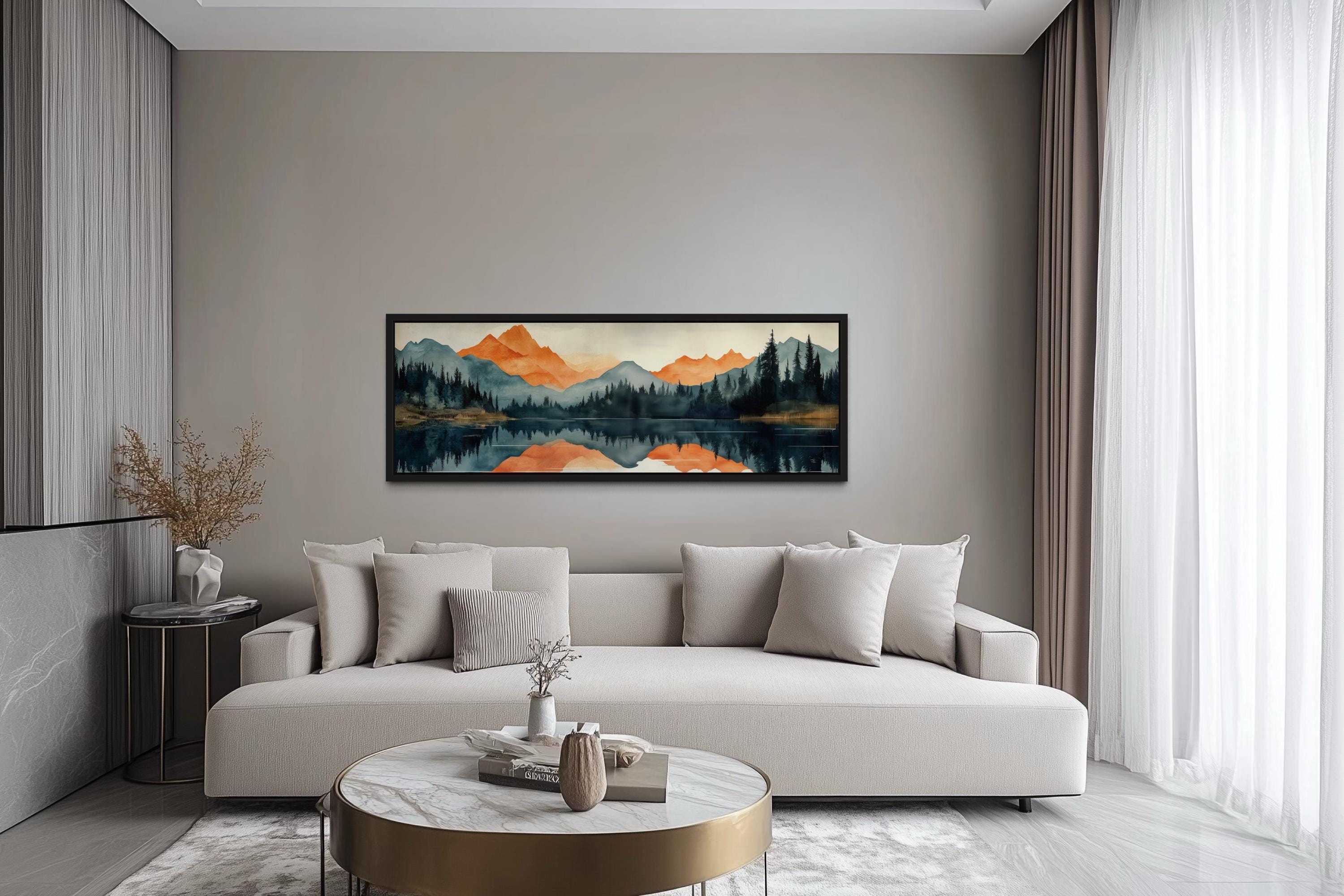 Long Horizontal Mountain Lake Sunset Reflection Wall Art