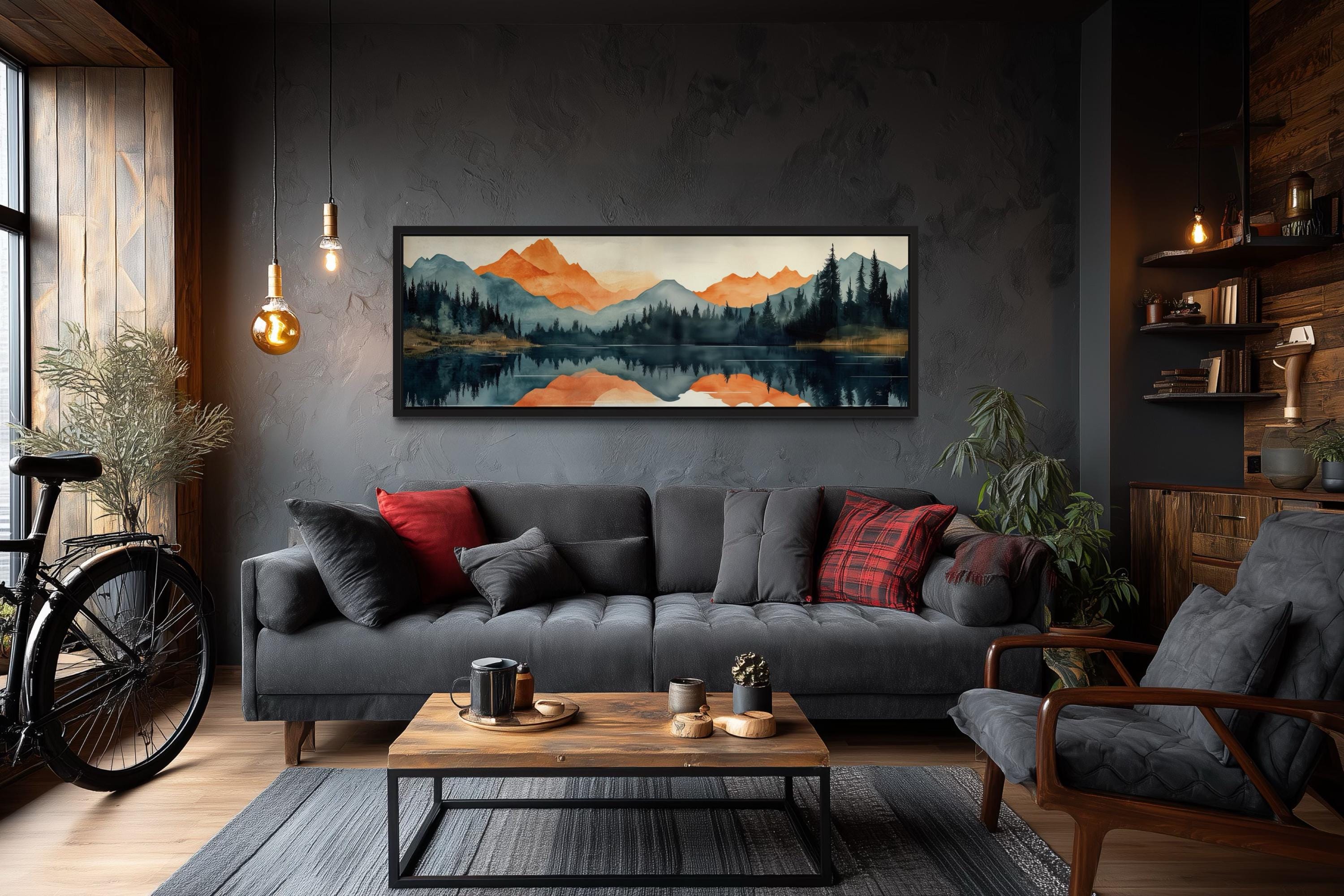 Long Horizontal Mountain Lake Sunset Reflection Wall Art