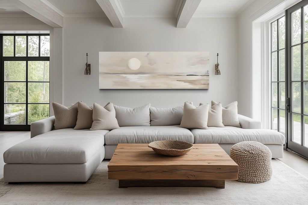 Long Horizontal Neutral Coastal Landscape With Moon Above Bed Wall Art