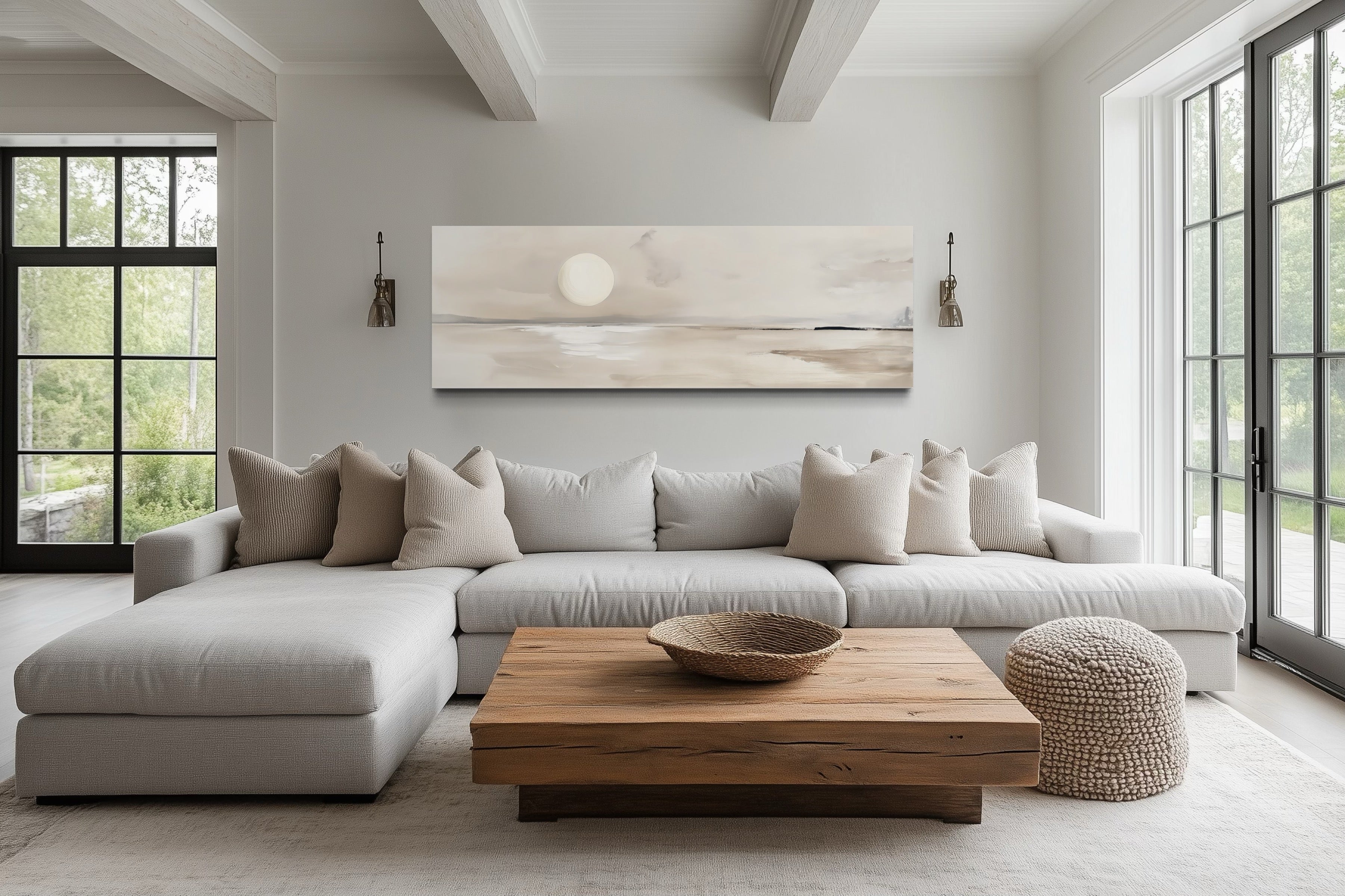 Long Horizontal Neutral Coastal Landscape With Moon Above Bed Wall Art