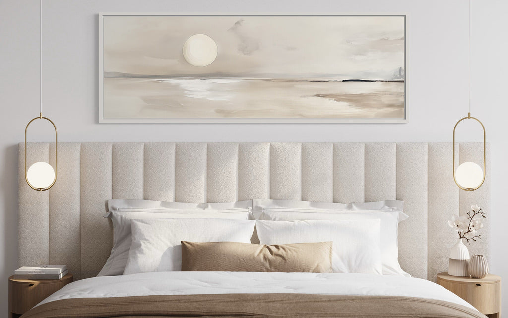 Long Horizontal Neutral Coastal Landscape With Moon Above Bed Wall Art