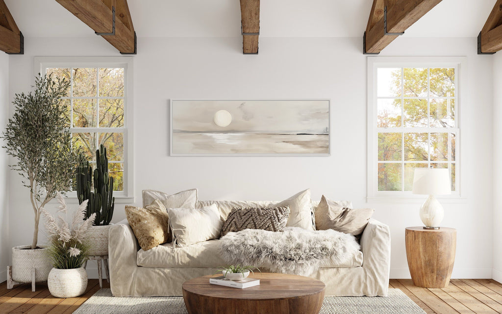 Long Horizontal Neutral Coastal Landscape With Moon Above Bed Wall Art