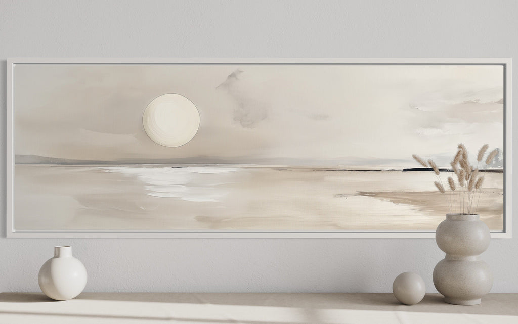 Long Horizontal Neutral Coastal Landscape With Moon Above Bed Wall Art