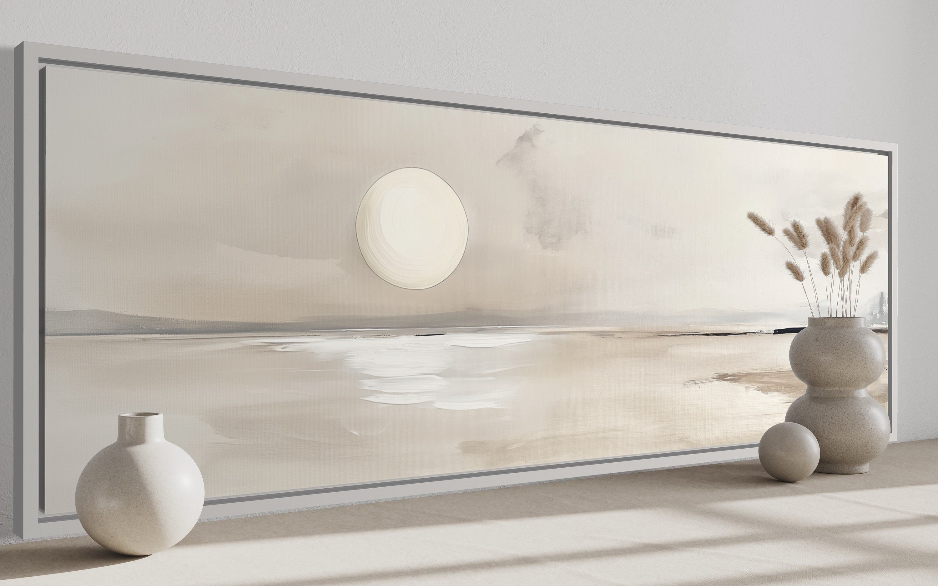 Long Horizontal Neutral Coastal Landscape With Moon Above Bed Wall Art