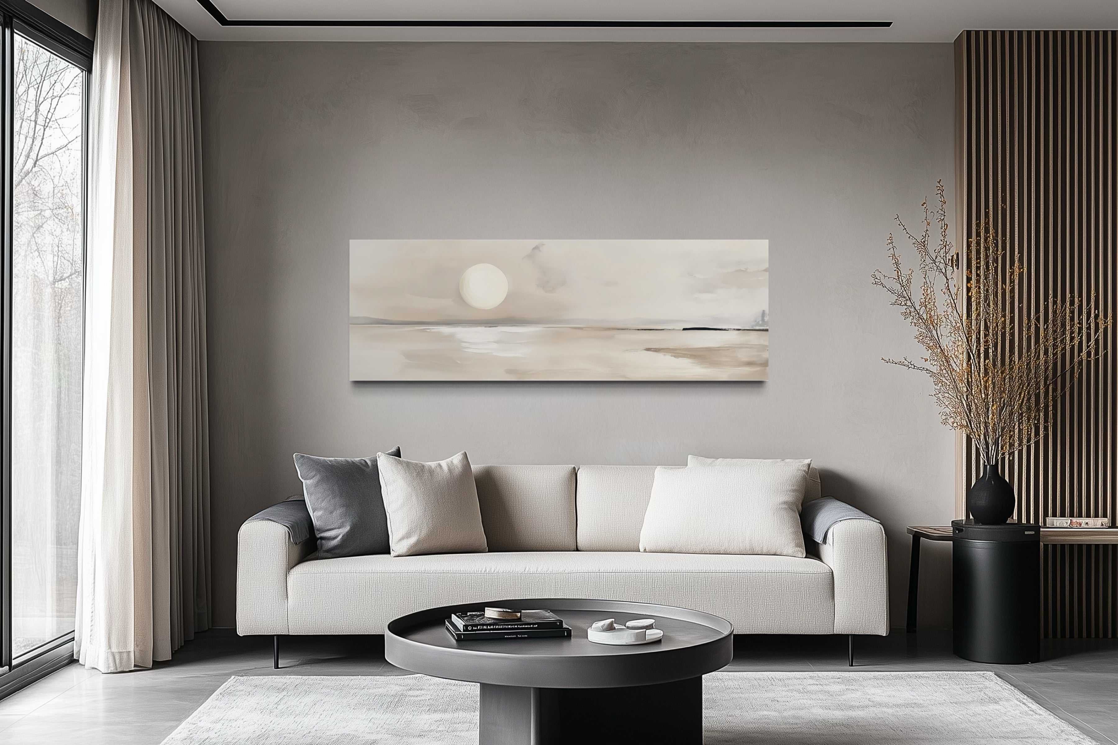 Long Horizontal Neutral Coastal Landscape With Moon Above Bed Wall Art