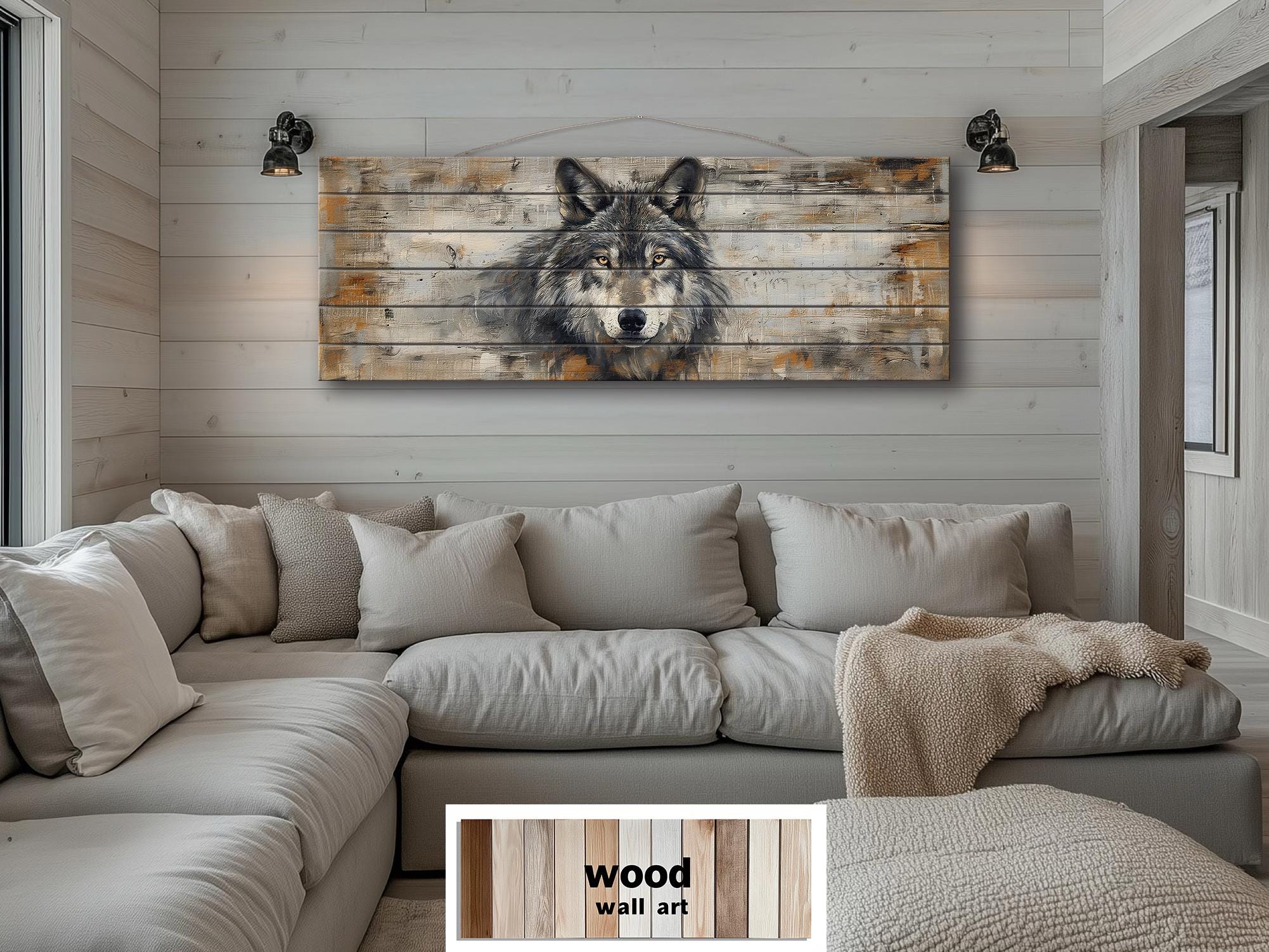 Long Horizontal Rustic Wolf Portrait Distressed Wood Wall Art