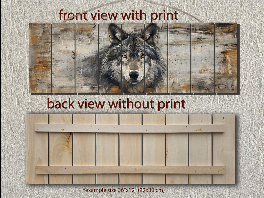 Long Horizontal Rustic Wolf Portrait Distressed Wood Wall Art
