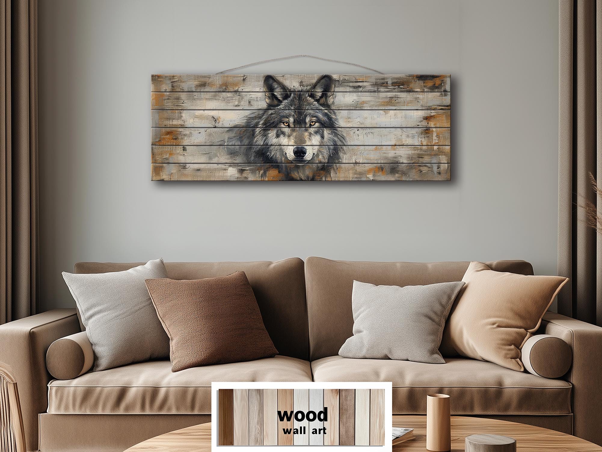Long Horizontal Rustic Wolf Portrait Distressed Wood Wall Art