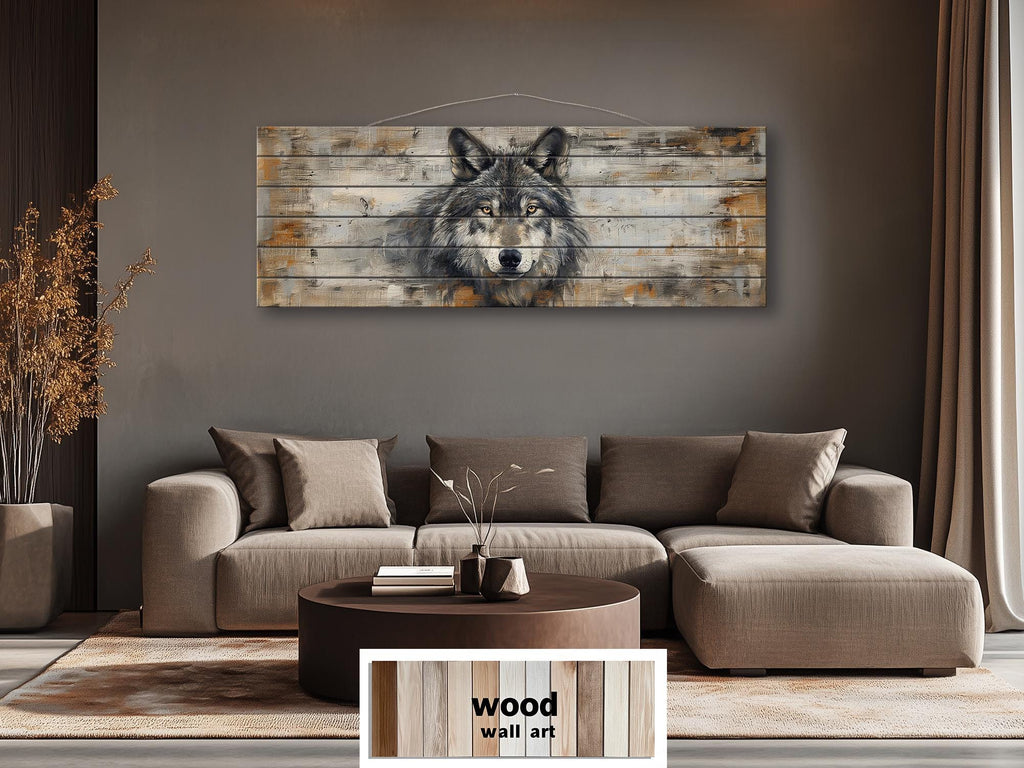 Long Horizontal Rustic Wolf Portrait Distressed Wood Wall Art