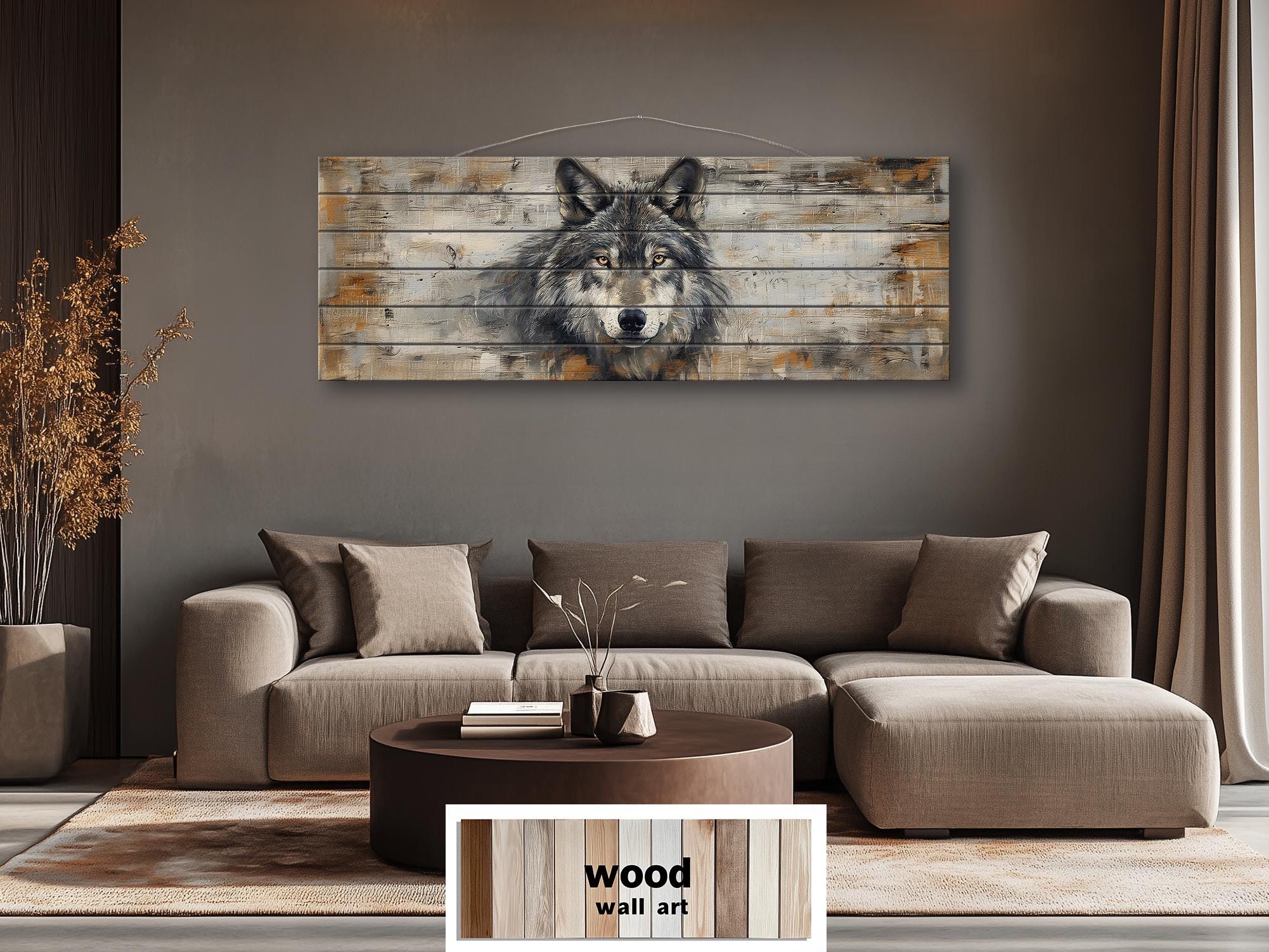 Long Horizontal Rustic Wolf Portrait Distressed Wood Wall Art