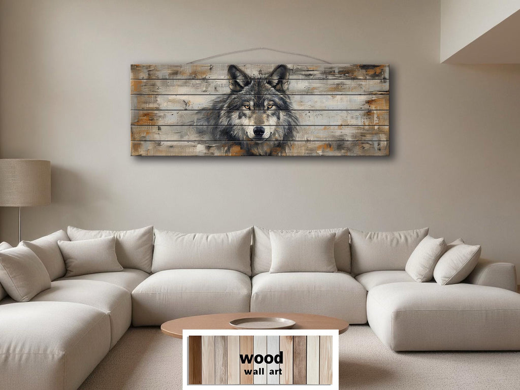 Long Horizontal Rustic Wolf Portrait Distressed Wood Wall Art