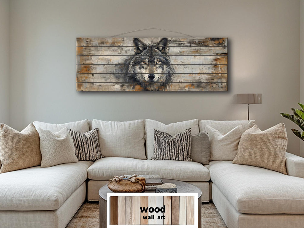 Long Horizontal Rustic Wolf Portrait Distressed Wood Wall Art