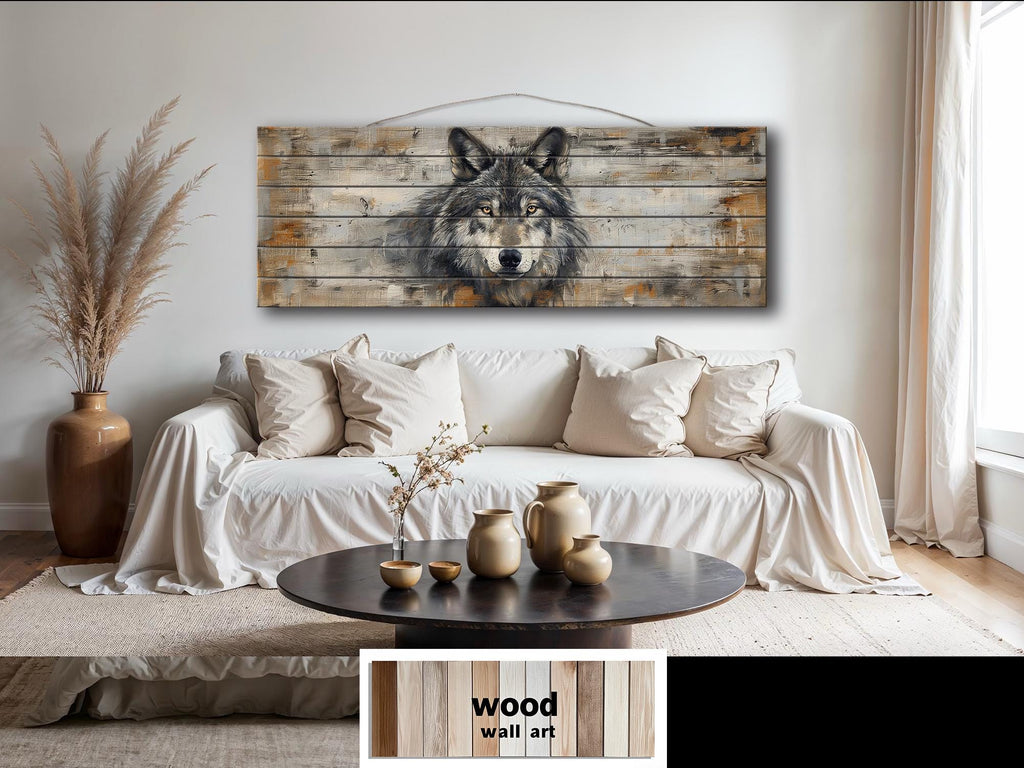 Long Horizontal Rustic Wolf Portrait Distressed Wood Wall Art