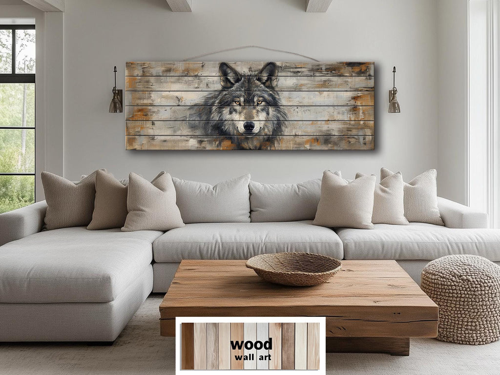 Long Horizontal Rustic Wolf Portrait Distressed Wood Wall Art