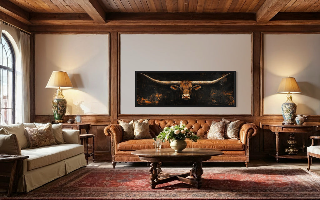 Long Horizontal Texas Longhorn Bull Head on Black Rustic Canvas Wall Art