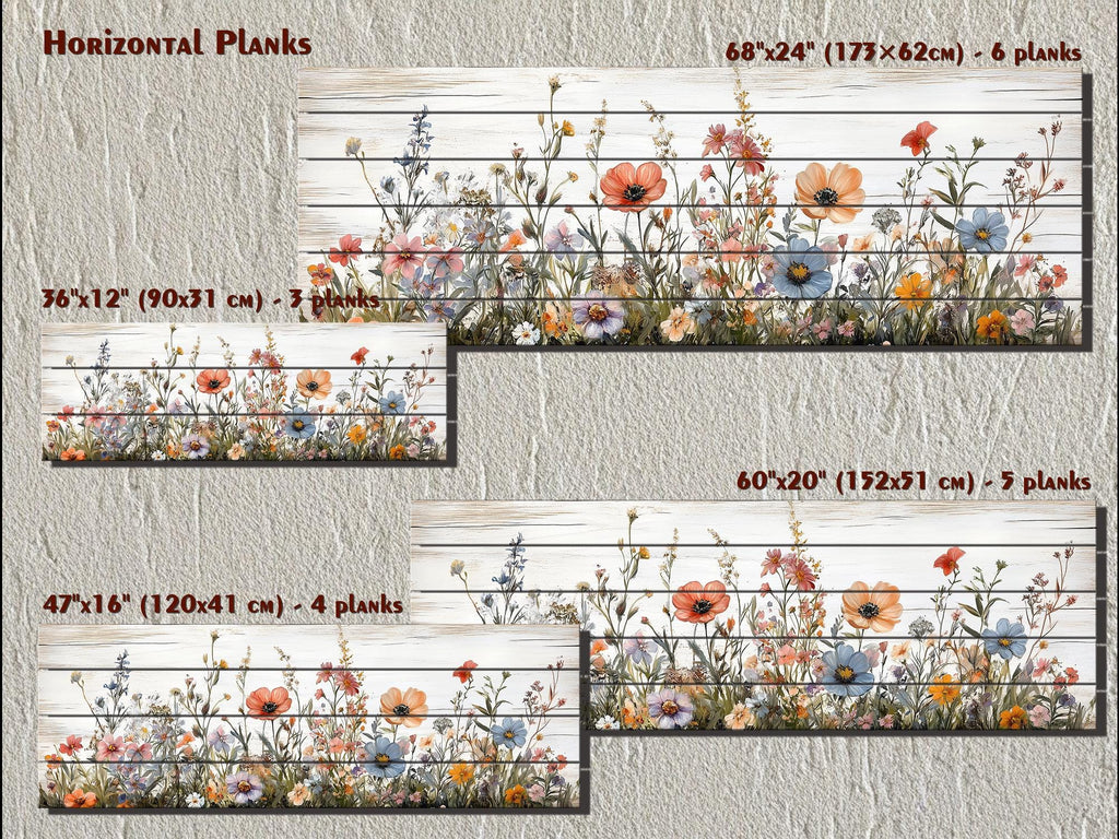Long Horizontal Wildflowers Wall Art Painted On White Wood On Real Wood Planks