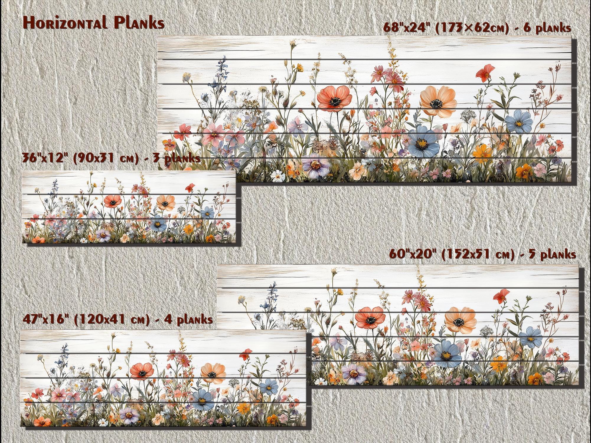 Long Horizontal Wildflowers Wall Art Painted On White Wood On Real Wood Planks